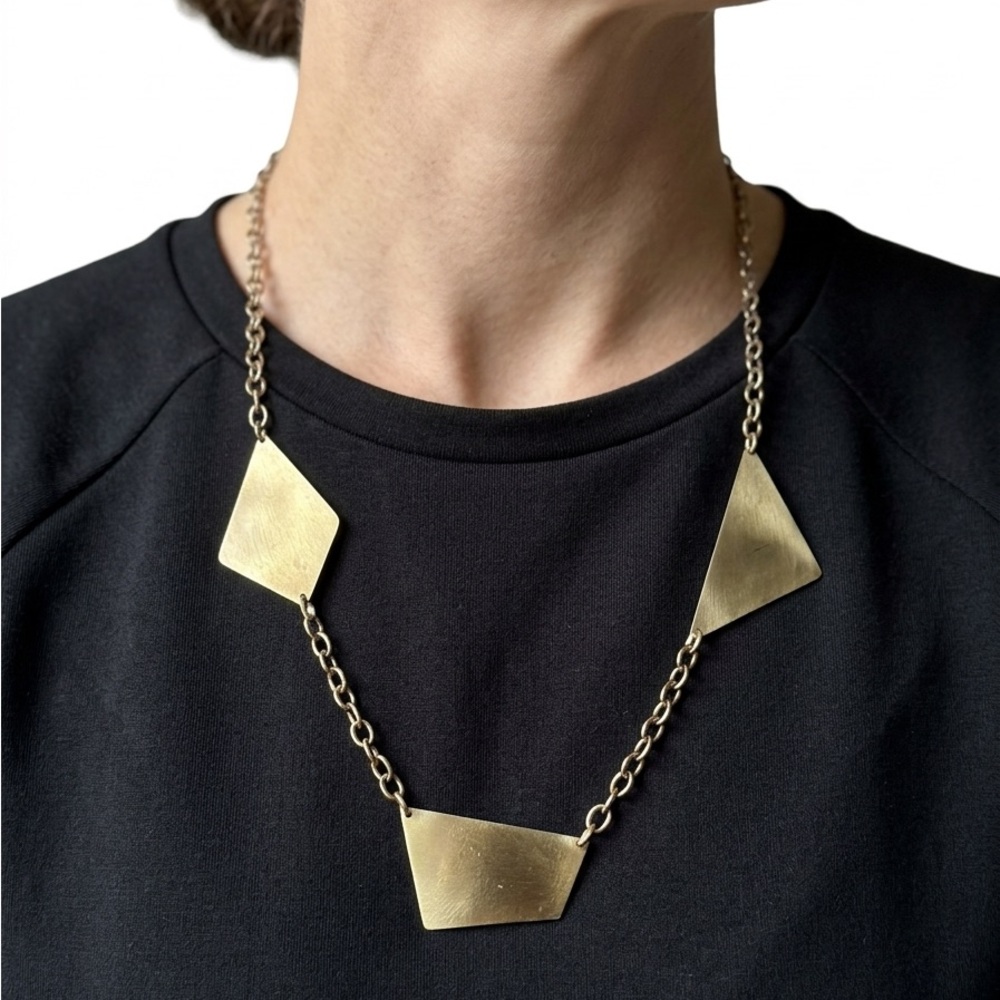 Modern Minimalist Asymmetrical Brass Geometric Statement Necklace